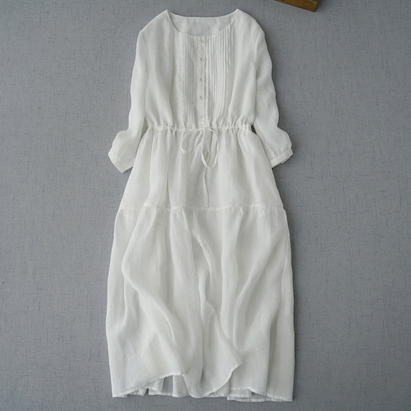 Nimara Ritual Summer Vintage Drawstring Button-up Solid Pintuck Design Cotton Women's Short Sleeve Dresses With Pocket