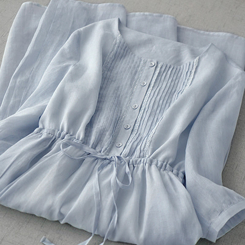 Nimara Ritual Summer Vintage Drawstring Button-up Solid Pintuck Design Cotton Women's Short Sleeve Dresses With Pocket