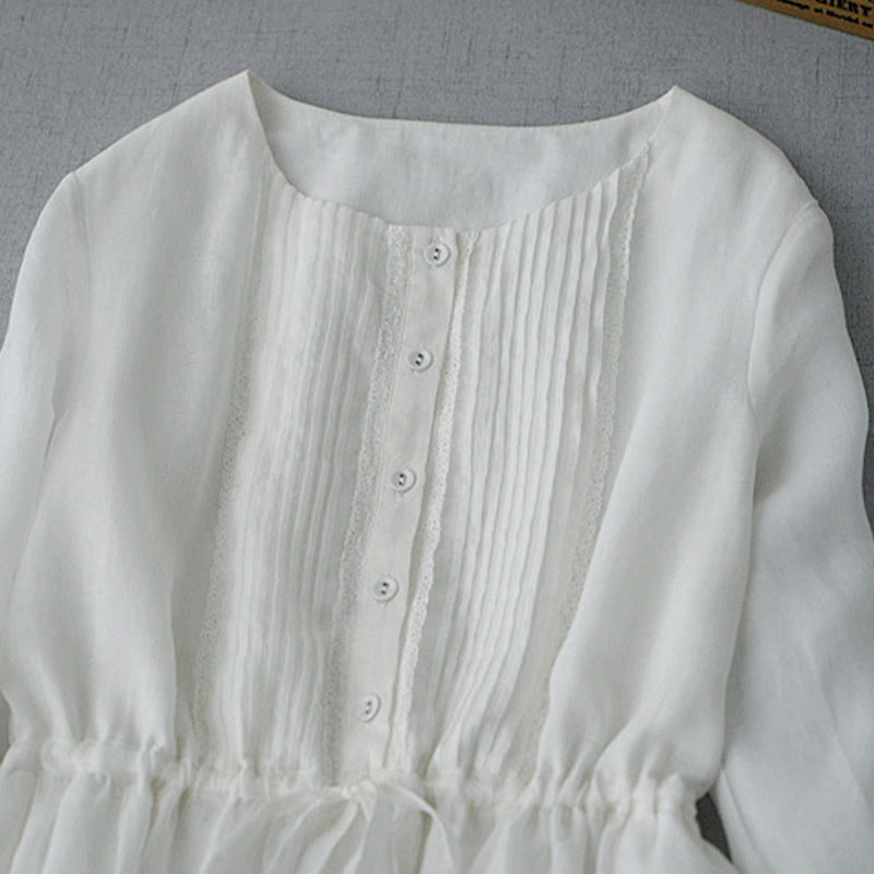 Nimara Ritual Summer Vintage Drawstring Button-up Solid Pintuck Design Cotton Women's Short Sleeve Dresses With Pocket