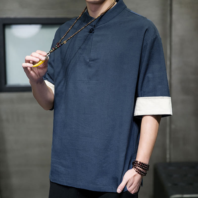 Nimara Ritual Summer Tang Style Mandarin Collar Solid Men's Short Sleeve Shirts