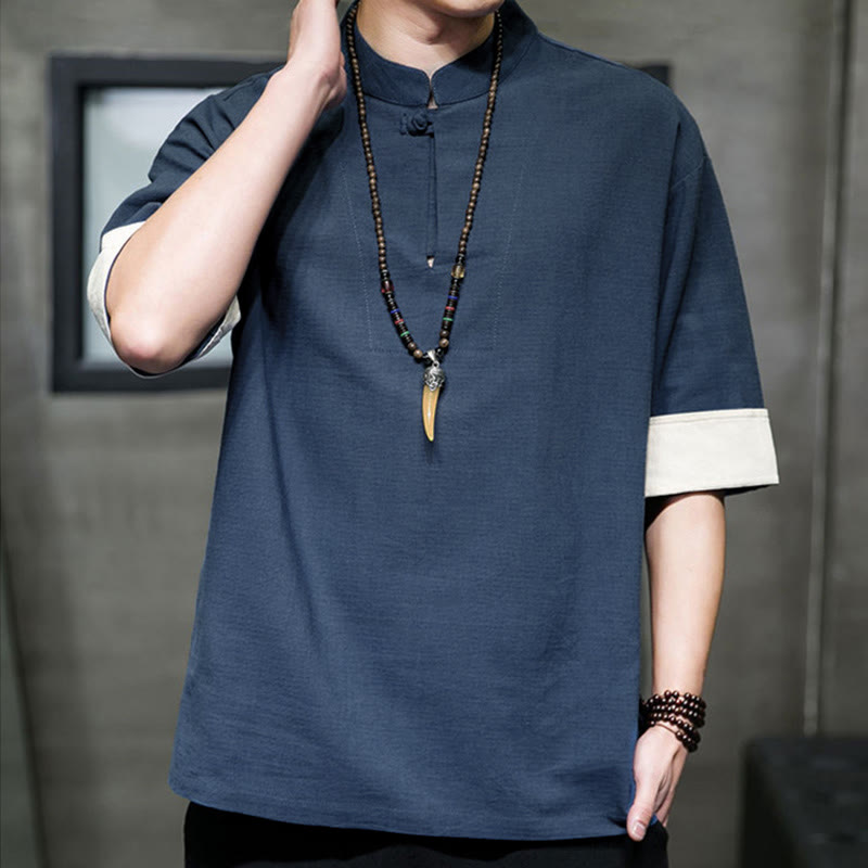 Nimara Ritual Summer Tang Style Mandarin Collar Solid Men's Short Sleeve Shirts