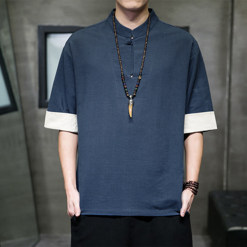 Nimara Ritual Summer Tang Style Mandarin Collar Solid Men's Short Sleeve Shirts