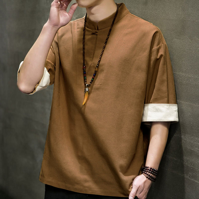 Nimara Ritual Summer Tang Style Mandarin Collar Solid Men's Short Sleeve Shirts