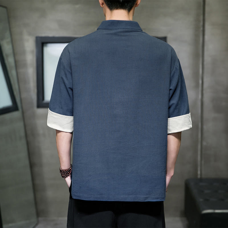 Nimara Ritual Summer Tang Style Mandarin Collar Solid Men's Short Sleeve Shirts
