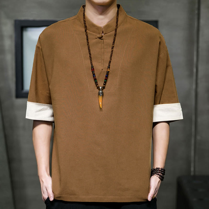 Nimara Ritual Summer Tang Style Mandarin Collar Solid Men's Short Sleeve Shirts