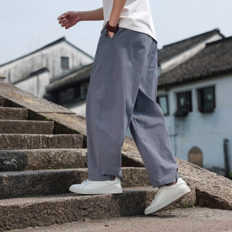 Nimara Ritual Summer Casual Minimalist Drawstring Solid Cotton Long Pants Men's Harem Pants With Pocket