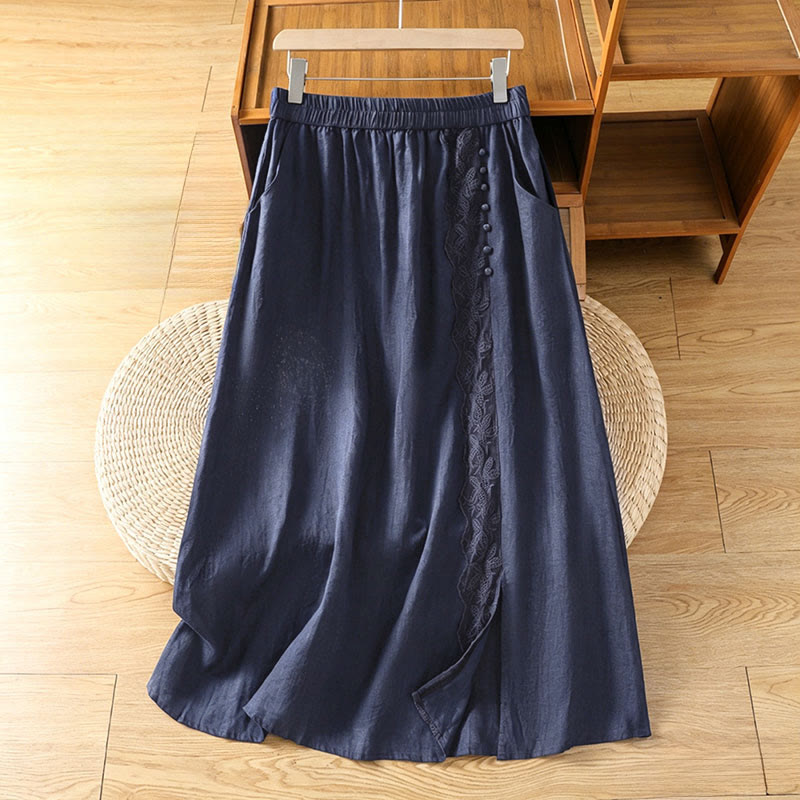 Nimara Ritual Summer Casual Vintage Side Slit Solid Flowers Women's Skirts With Pocket