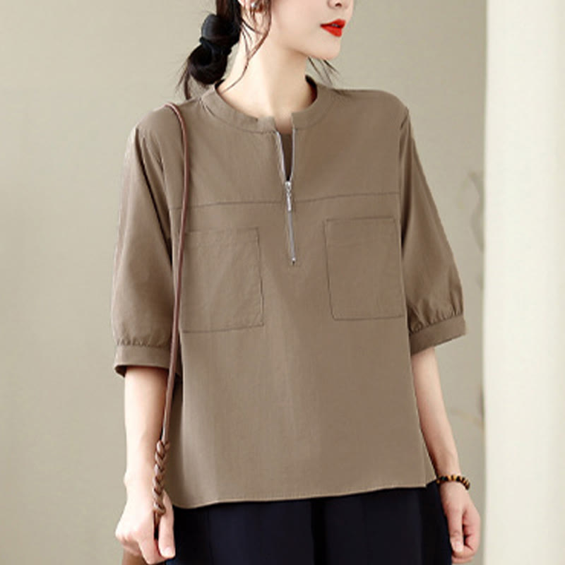 Nimara Ritual Summer Minimalist Casual Quarter Zip Design Solid Women's Short Sleeve Shirts With Patch Pocket