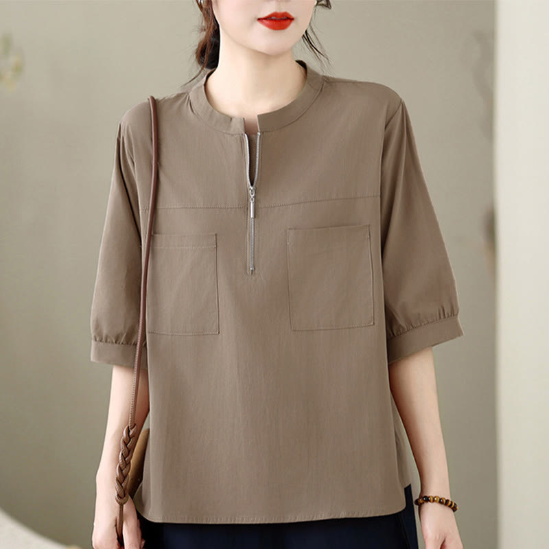 Nimara Ritual Summer Minimalist Casual Quarter Zip Design Solid Women's Short Sleeve Shirts With Patch Pocket