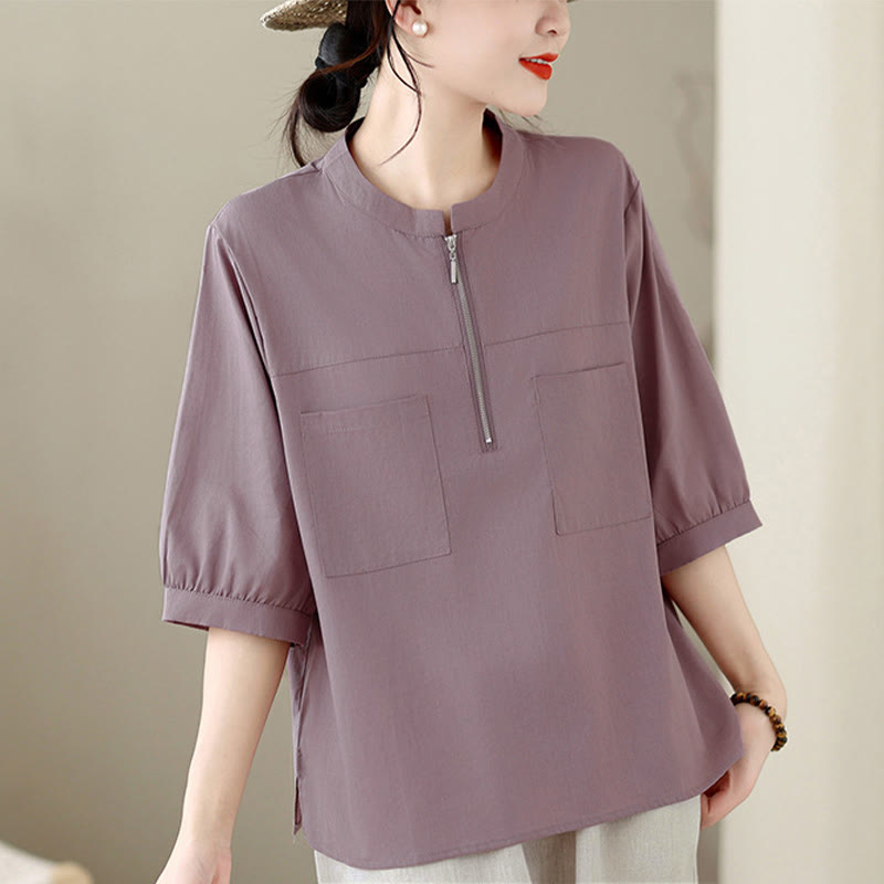 Nimara Ritual Summer Minimalist Casual Quarter Zip Design Solid Women's Short Sleeve Shirts With Patch Pocket