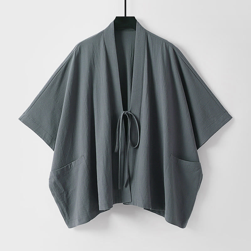 Nimara Ritual Summer Minimalist Drawstring Lace-up Solid Short Sleeve Men's Kimono With Pockets
