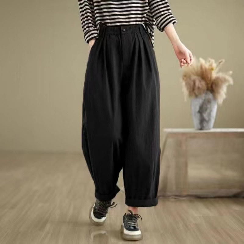 Nimara Ritual Casual Solid Color One Top Button Elastic Waistband Women's Pants With Pockets