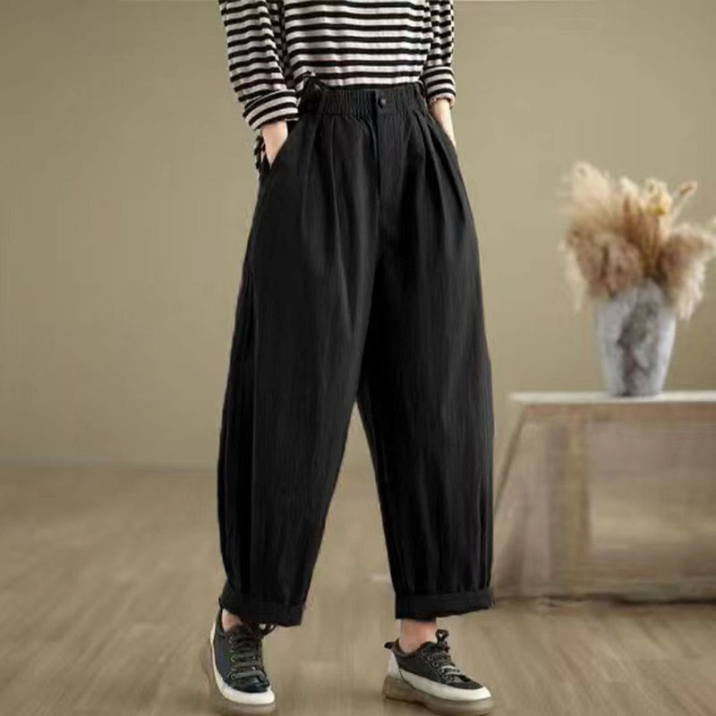 Nimara Ritual Casual Solid Color One Top Button Elastic Waistband Women's Pants With Pockets