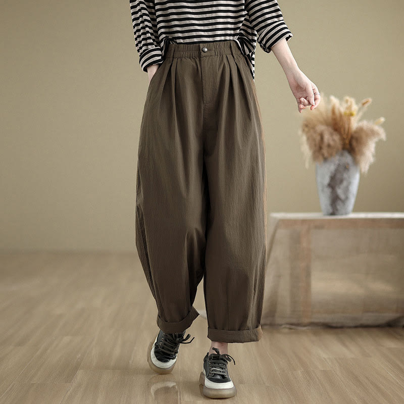 Nimara Ritual Casual Solid Color One Top Button Elastic Waistband Women's Pants With Pockets