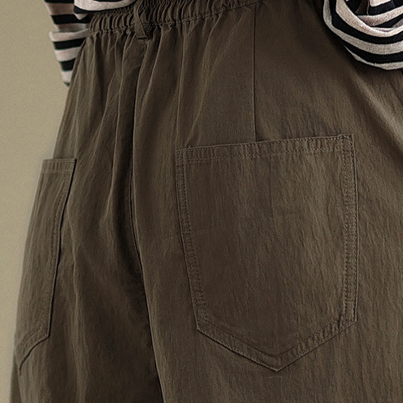 Nimara Ritual Casual Solid Color One Top Button Elastic Waistband Women's Pants With Pockets