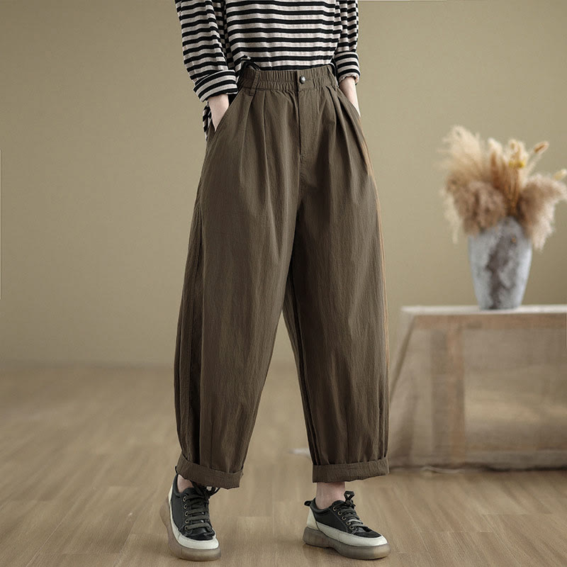 Nimara Ritual Casual Solid Color One Top Button Elastic Waistband Women's Pants With Pockets