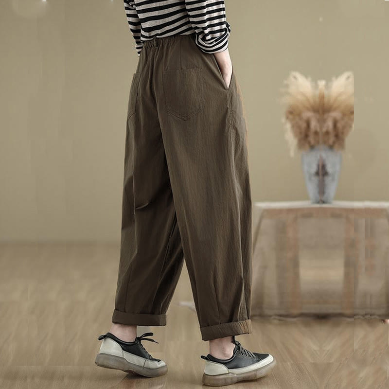 Nimara Ritual Casual Solid Color One Top Button Elastic Waistband Women's Pants With Pockets