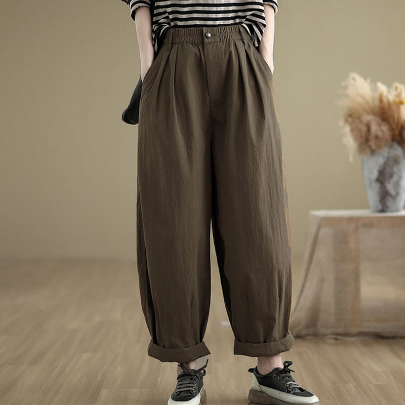 Nimara Ritual Casual Solid Color One Top Button Elastic Waistband Women's Pants With Pockets