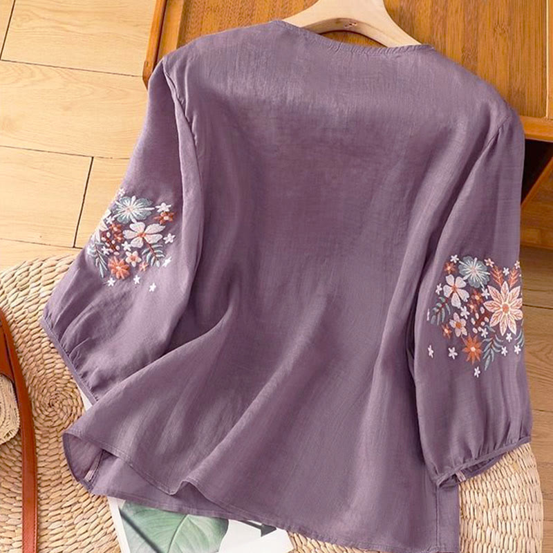 Nimara Ritual Casual Flower Leaf Embroidery Women's Crew Neck Design Three Quarter Sleeve T-shirt