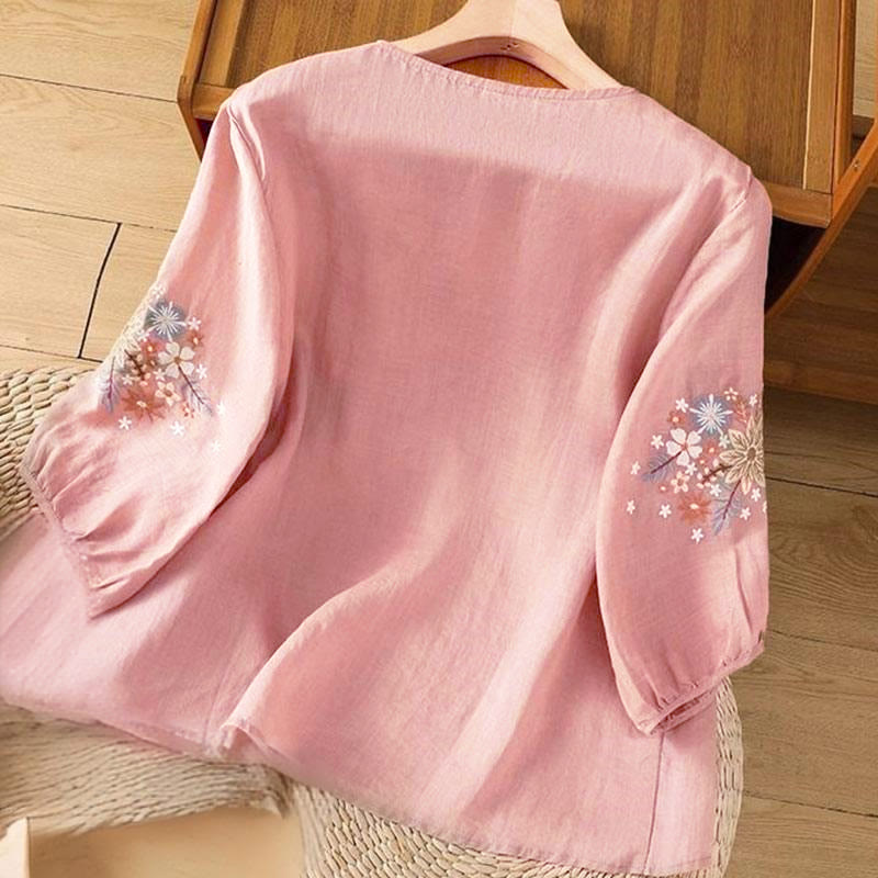Nimara Ritual Casual Flower Leaf Embroidery Women's Crew Neck Design Three Quarter Sleeve T-shirt