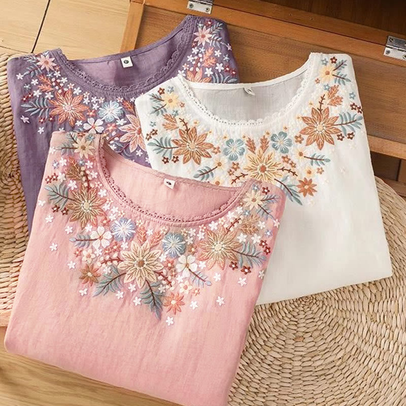 Nimara Ritual Casual Flower Leaf Embroidery Women's Crew Neck Design Three Quarter Sleeve T-shirt
