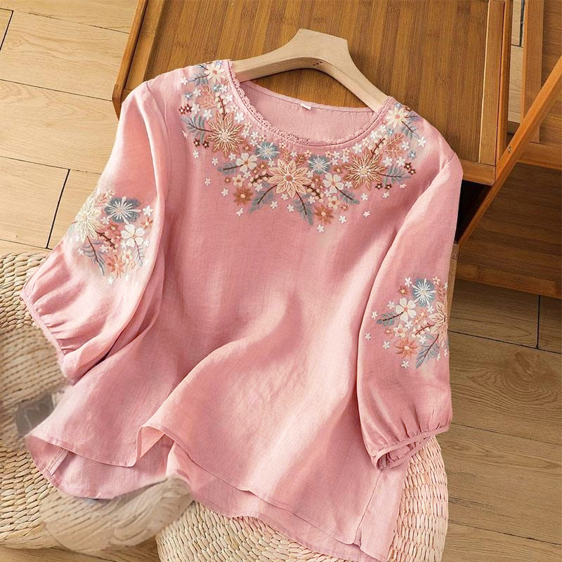 Nimara Ritual Casual Flower Leaf Embroidery Women's Crew Neck Design Three Quarter Sleeve T-shirt