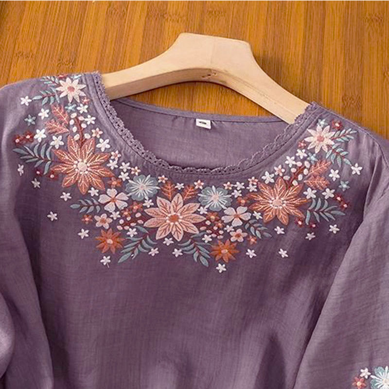 Nimara Ritual Casual Flower Leaf Embroidery Women's Crew Neck Design Three Quarter Sleeve T-shirt