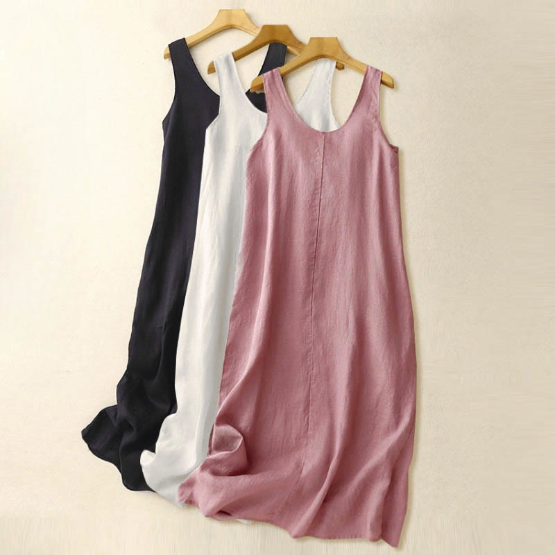 Nimara Ritual Summer Daily Casual Pure Color Crew Neck Simple Design Sleeveless Midi Dress With Pockets