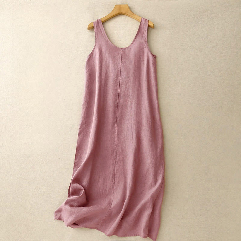 Nimara Ritual Summer Daily Casual Pure Color Crew Neck Simple Design Sleeveless Midi Dress With Pockets