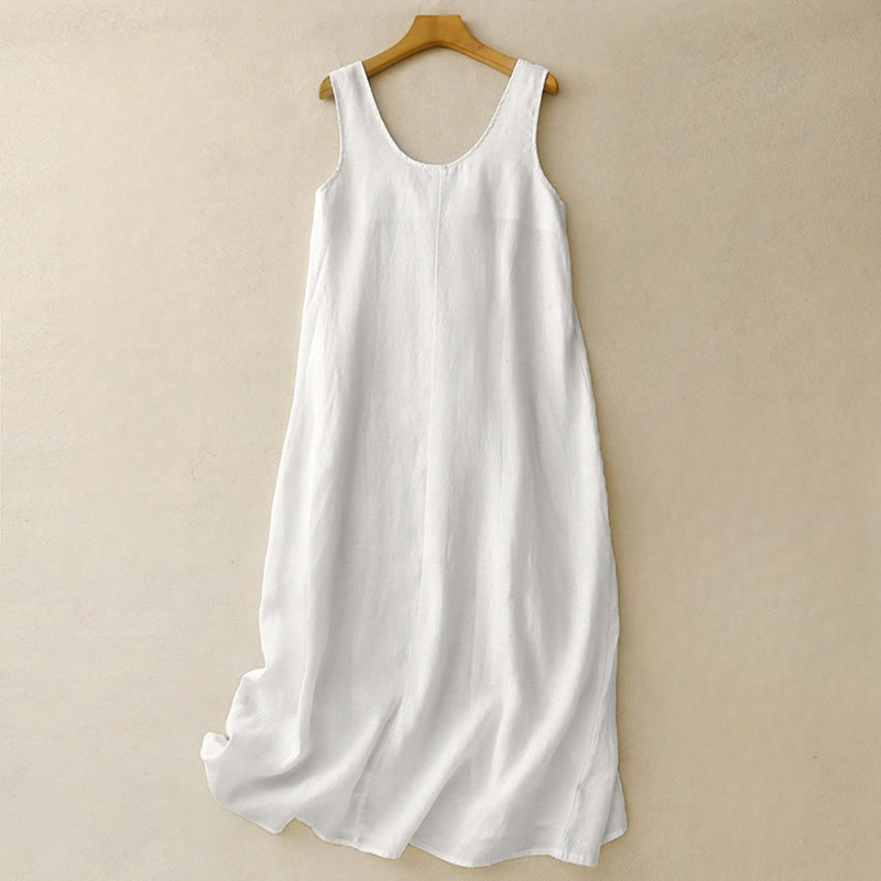 Nimara Ritual Summer Daily Casual Pure Color Crew Neck Simple Design Sleeveless Midi Dress With Pockets