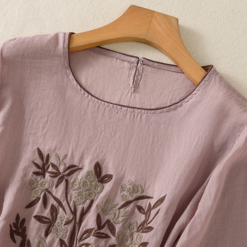 Nimara Ritual Retro Embroidery Floral Three Quarter Sleeve Women's Cotton T-Shirt