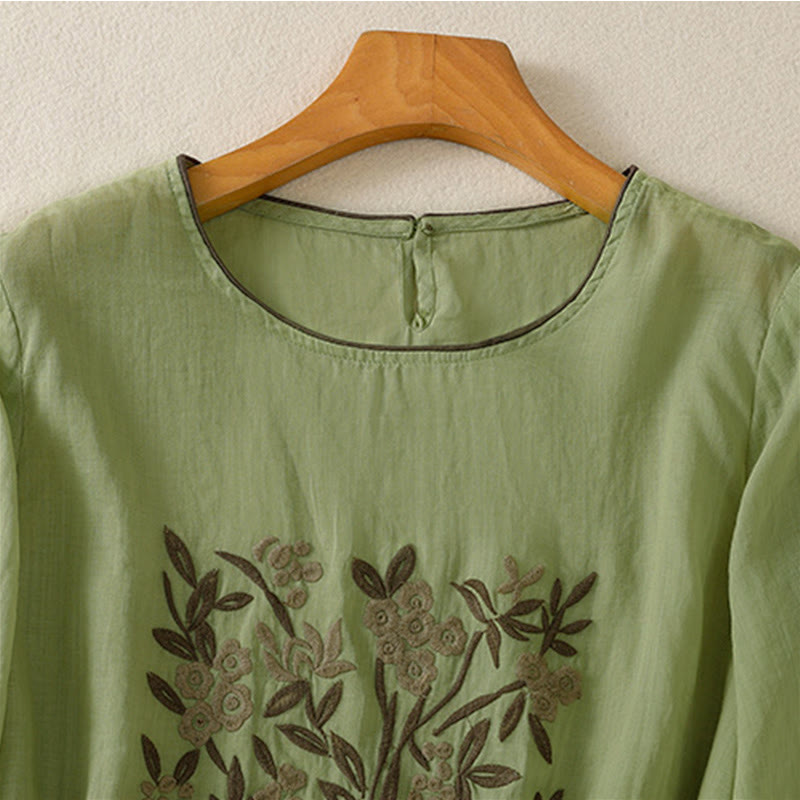 Nimara Ritual Retro Embroidery Floral Three Quarter Sleeve Women's Cotton T-Shirt