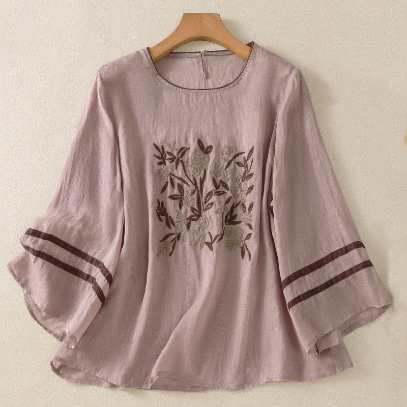 Nimara Ritual Retro Embroidery Floral Three Quarter Sleeve Women's Cotton T-Shirt