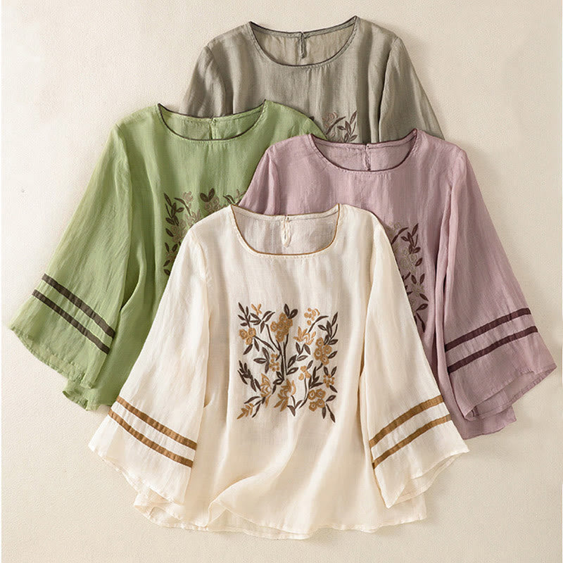 Nimara Ritual Retro Embroidery Floral Three Quarter Sleeve Women's Cotton T-Shirt