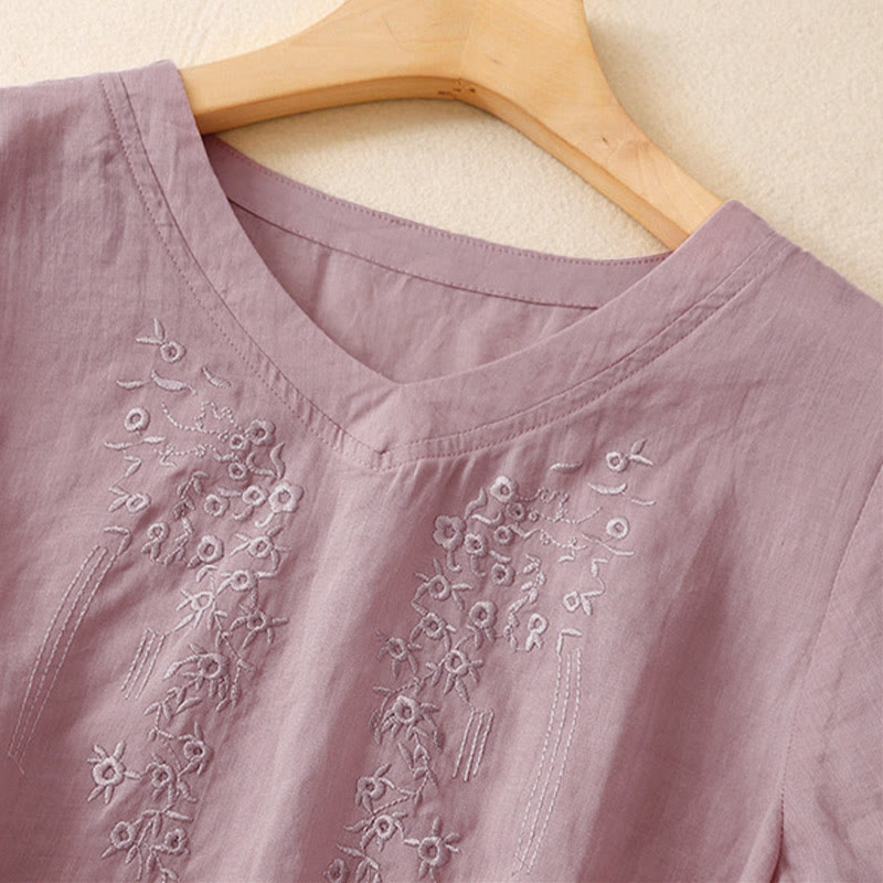 Nimara Ritual Casual Women's Embroidered Flower V-neck Design Loose Half Sleeve Shirt