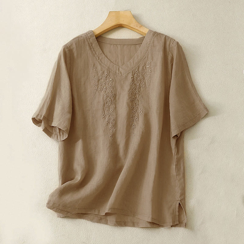 Nimara Ritual Casual Women's Embroidered Flower V-neck Design Loose Half Sleeve Shirt