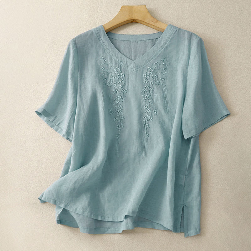 Nimara Ritual Casual Women's Embroidered Flower V-neck Design Loose Half Sleeve Shirt