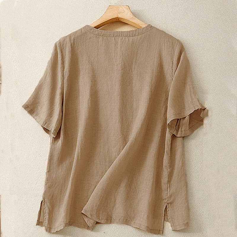 Nimara Ritual Casual Women's Embroidered Flower V-neck Design Loose Half Sleeve Shirt