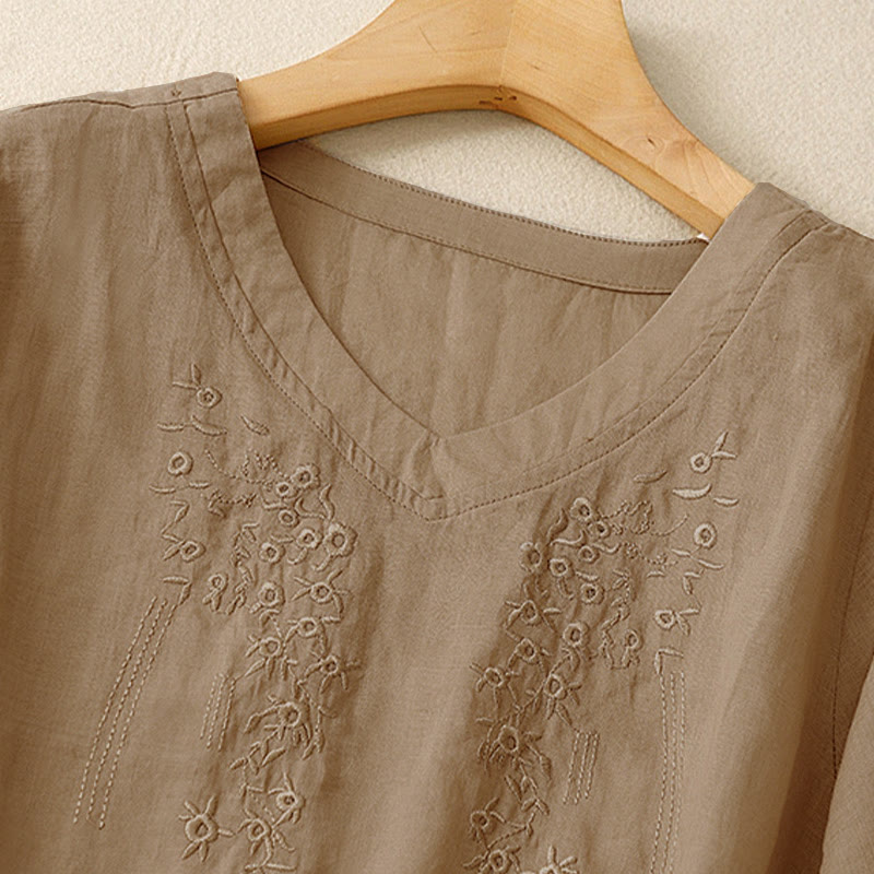 Nimara Ritual Casual Women's Embroidered Flower V-neck Design Loose Half Sleeve Shirt