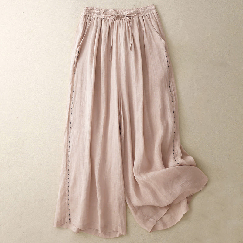 Nimara Ritual Commute Solid Color Embroidery Drawstring Women's Wide Leg Ankle-Length Pants With Pockets