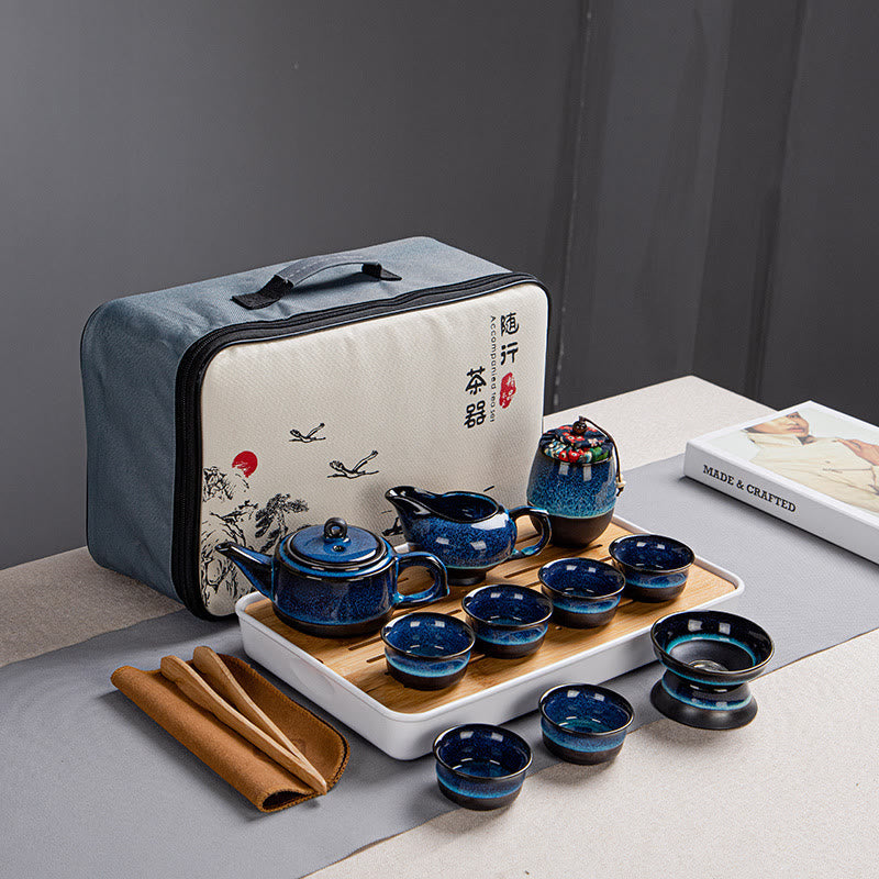 Nimara Ritual Blue Gradient Color Chinese Gongfu Tea Ceramic Teapot Portable Gift Bag Box Set