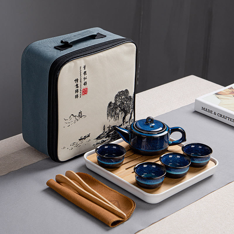 Nimara Ritual Blue Gradient Color Chinese Gongfu Tea Ceramic Teapot Portable Gift Bag Box Set