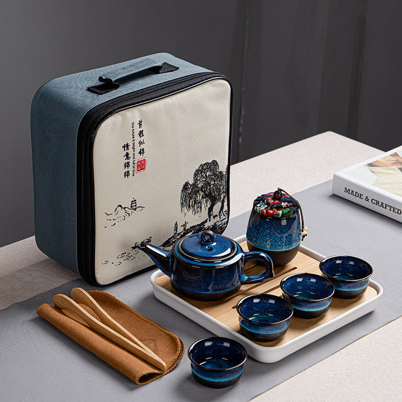 Nimara Ritual Blue Gradient Color Chinese Gongfu Tea Ceramic Teapot Portable Gift Bag Box Set