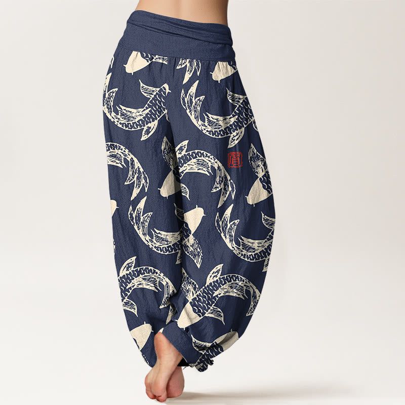 Nimara Ritual Pure Cotton Swimming Koi Fish Women's Elastic Waist Harem Pants