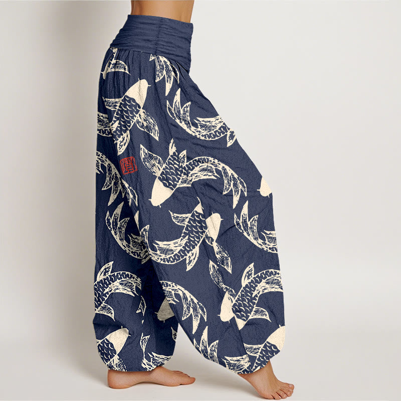 Nimara Ritual Pure Cotton Swimming Koi Fish Women's Elastic Waist Harem Pants