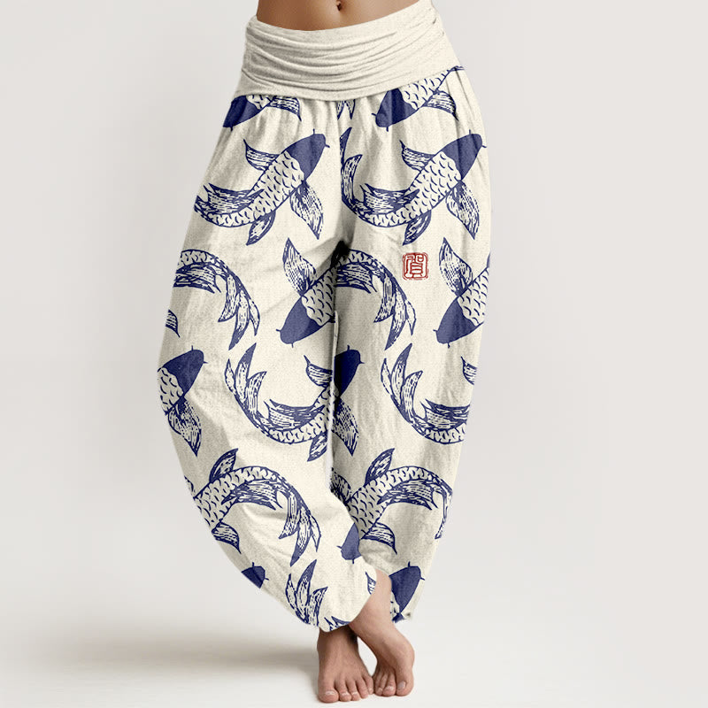 Nimara Ritual Pure Cotton Swimming Koi Fish Women's Elastic Waist Harem Pants