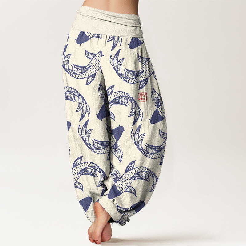 Nimara Ritual Pure Cotton Swimming Koi Fish Women's Elastic Waist Harem Pants
