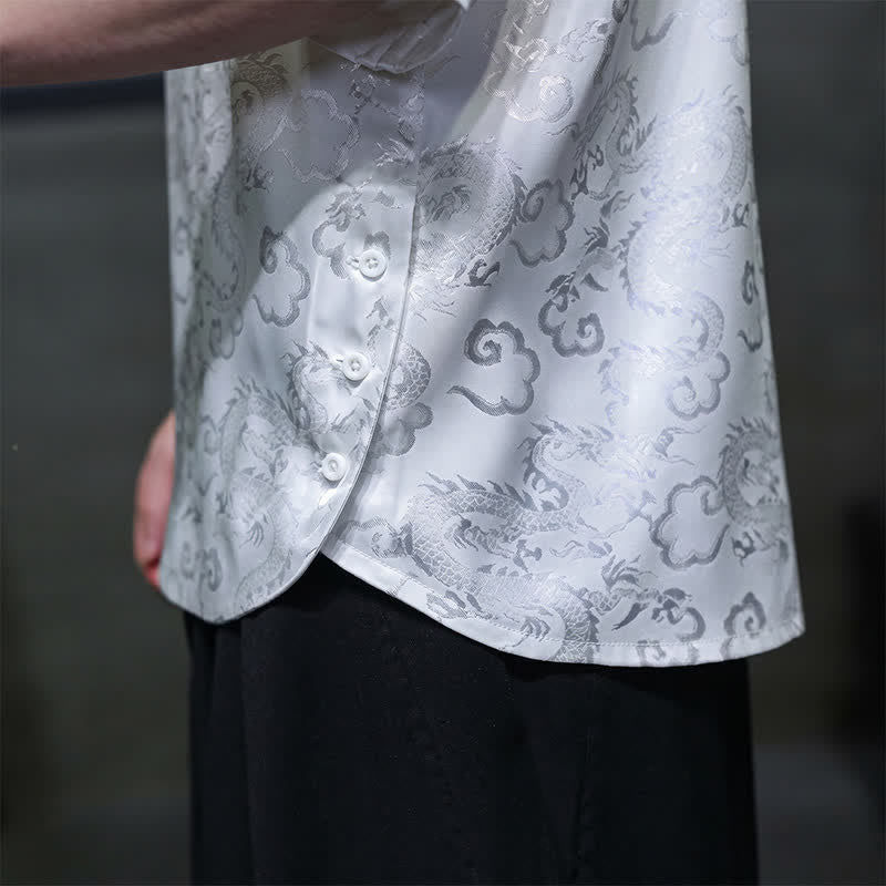 Nimara Ritual Summer Vintage Tang Style Mandarin Collar Dragon Clouds Pattern Men's Short Sleeve Shirts