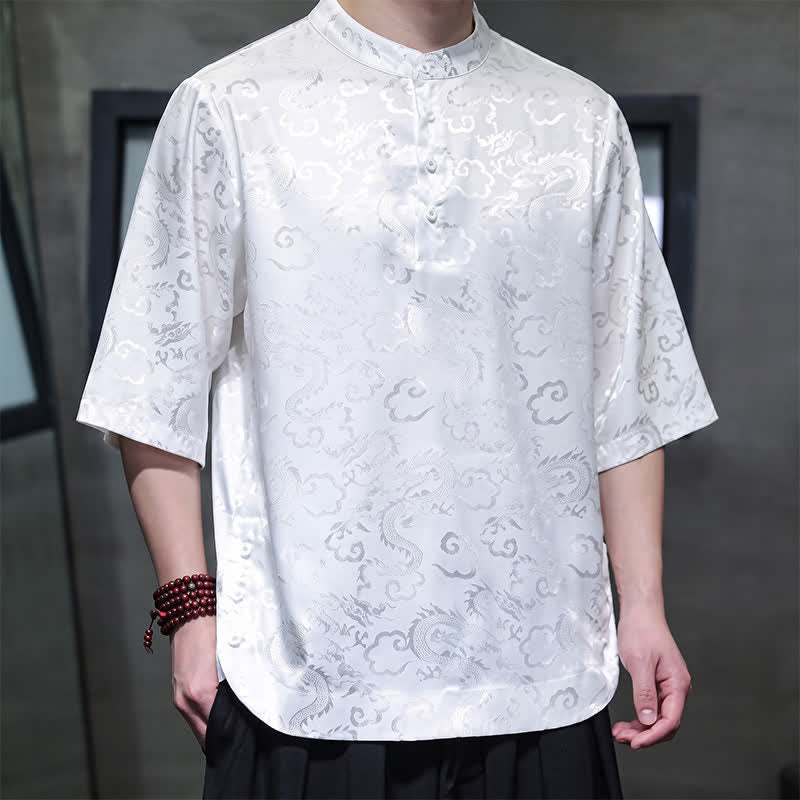 Nimara Ritual Summer Vintage Tang Style Mandarin Collar Dragon Clouds Pattern Men's Short Sleeve Shirts