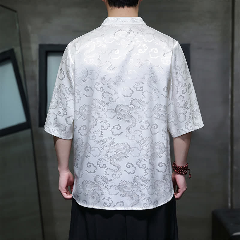 Nimara Ritual Summer Vintage Tang Style Mandarin Collar Dragon Clouds Pattern Men's Short Sleeve Shirts